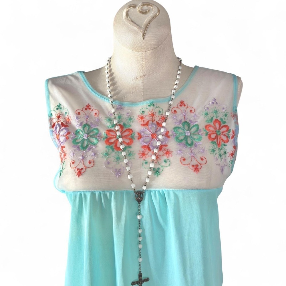 Vintage 1960s Blue Floral Embroidered Chiffon Babydoll Nightie Small - Picture 5 of 8